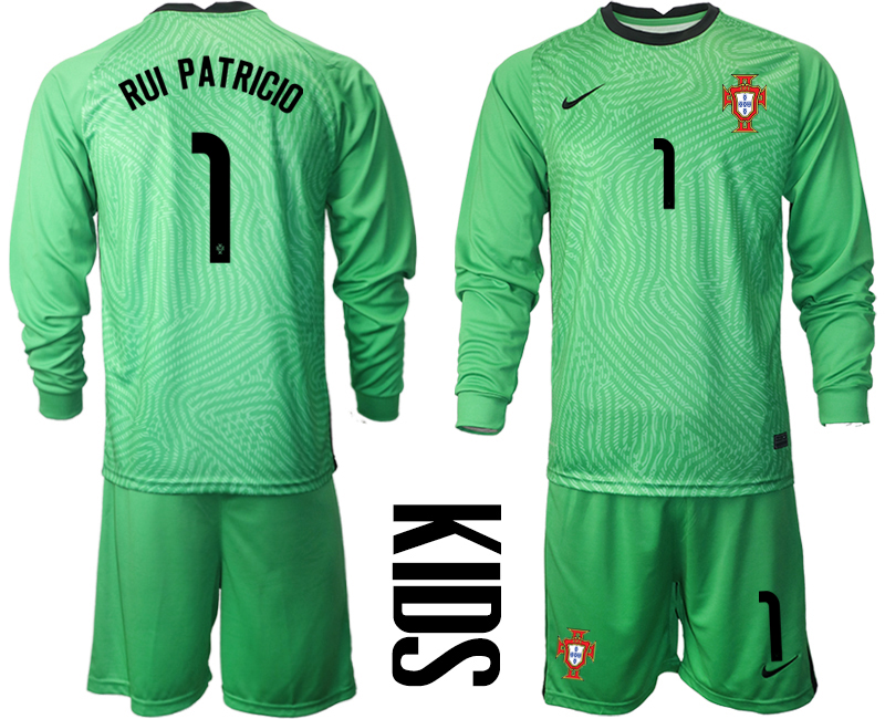 Youth 2021 European Cup Portugal green Long sleeve goalkeeper #1 Soccer Jersey